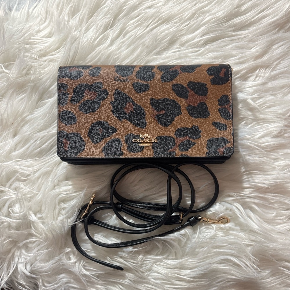 Coach Anna Foldover Clutch Crossbody With Leopard Print And Signature Canvas